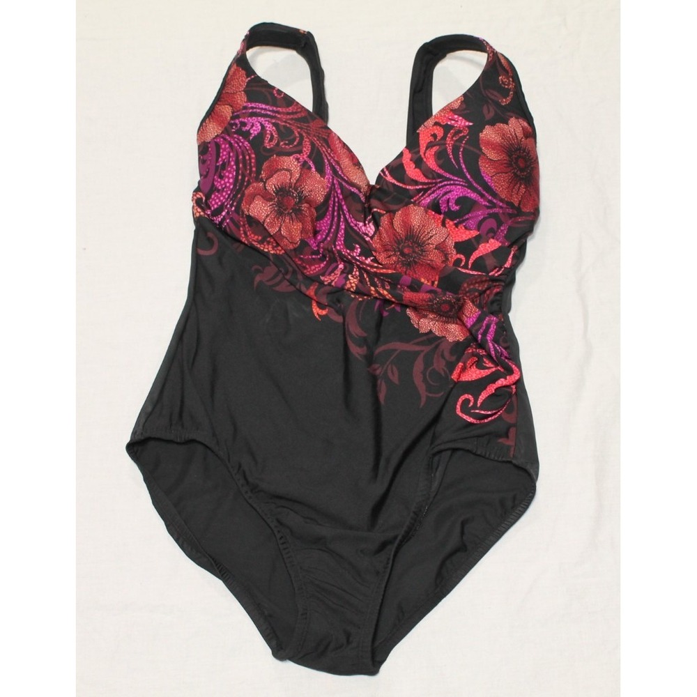 Miraclesuit Womens 12 One Piece Swimsuit Black Pink Floral Tummy Control 6531480
